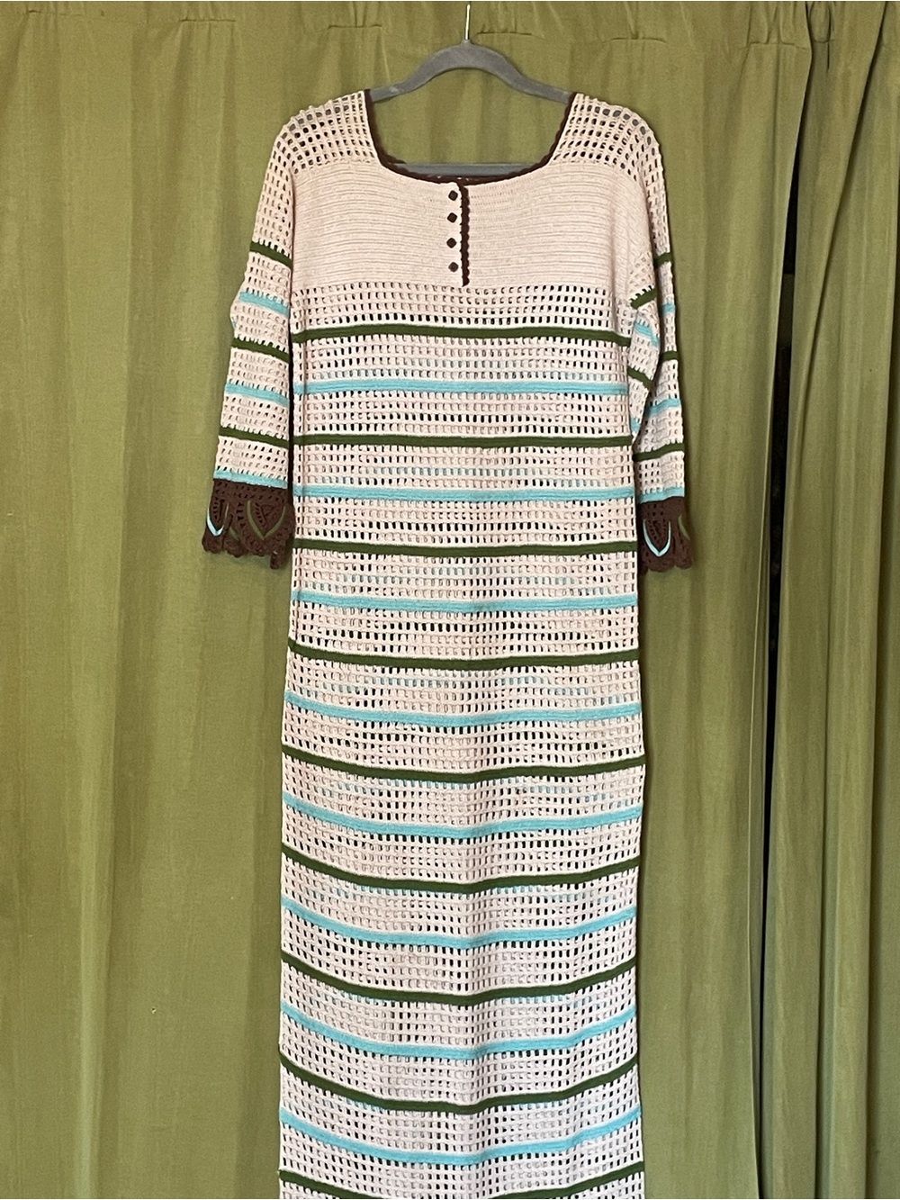 Cream Crochet Maxi Dress with Brown Trim and Aqua Stripe Detail